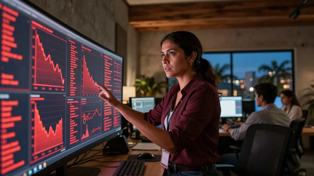 Dashboard con métricas en rojo, sistema caído en producción