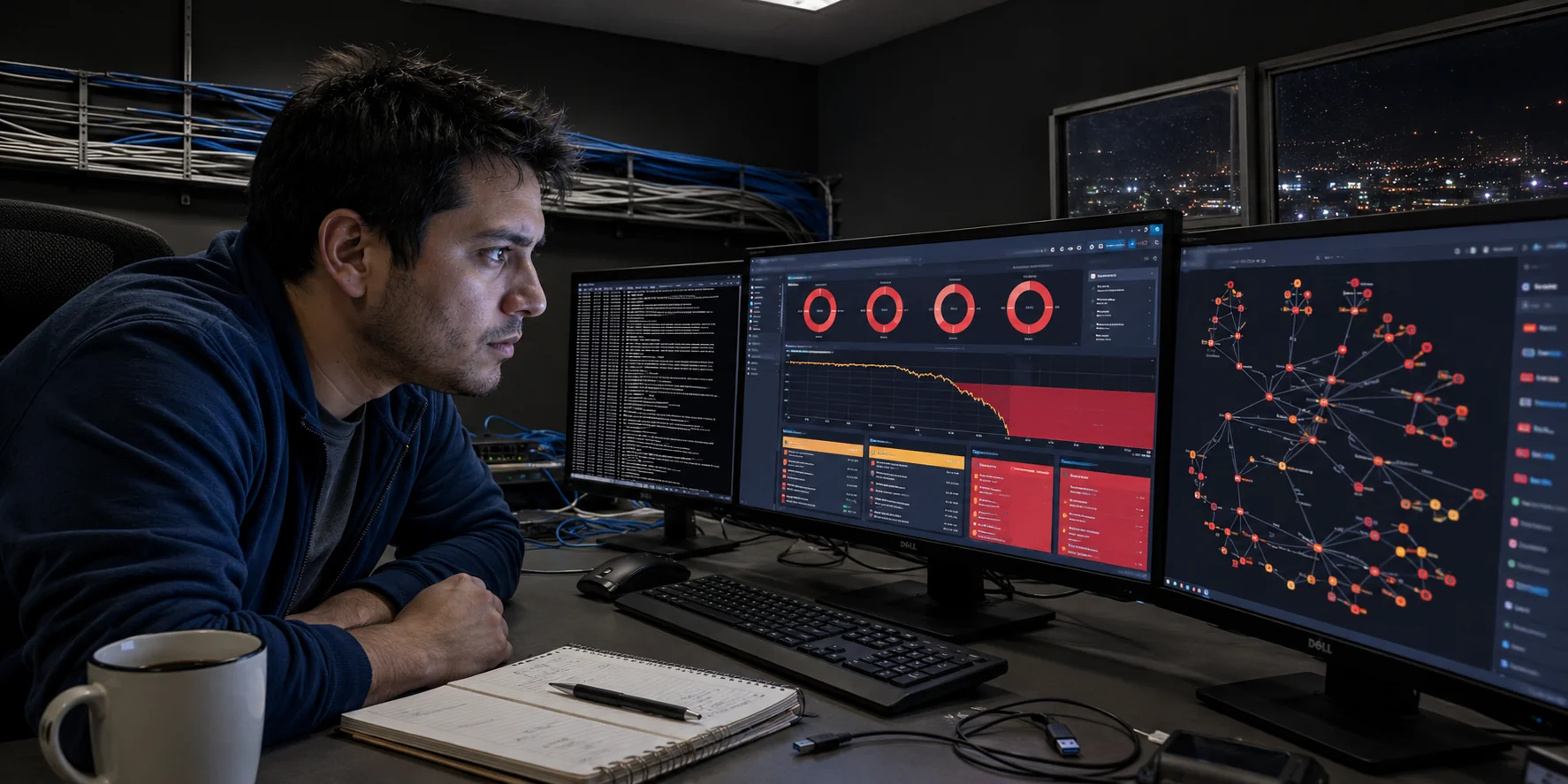Ingeniero frente a monitores con alertas activas a las 3 AM